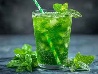 Poster - Refreshing Mint Drink Photo with Ice and Straw