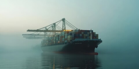 Container cargo ship with crane bridge at deep-sea port, capturing import-export activity.