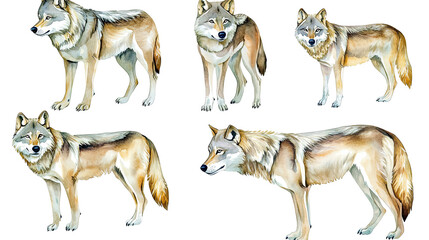Poster - Vivid Watercolor Wolves in Various Poses on Clear Background Generative AI