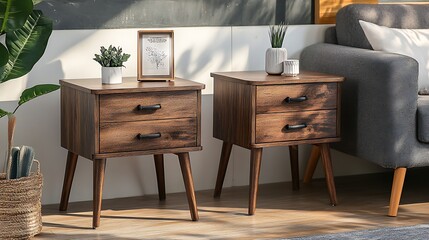 Two wooden nightstands with two drawers each,  featuring black handles and slender legs, positioned beside a grey couch with a white pillow. floor is a light wood with a small rug.