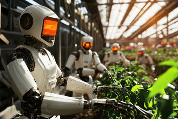 Poster - Robots tending to plants in a modern greenhouse at sunset