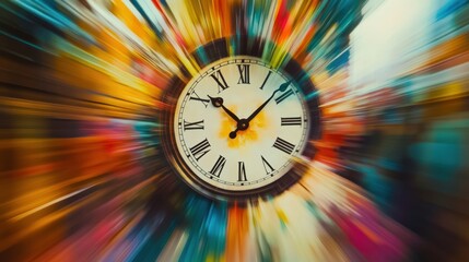 Canvas Print - A vintage clock with Roman numerals, surrounded by colorful radial blur, symbolizing the passage of time and the fast-paced nature of modern life.