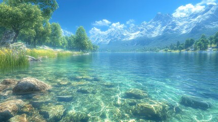 Serene lake surrounded by mountains and lush greenery.