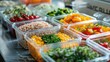 © PixelPulse - Vibrant Meal Prep Featuring Fresh Vegetables, Nutritious Grains, and Lean Proteins in Clear Plastic Containers, Representing Thoughtful Diet Planning and Health-Conscious Portion Control for Balanced