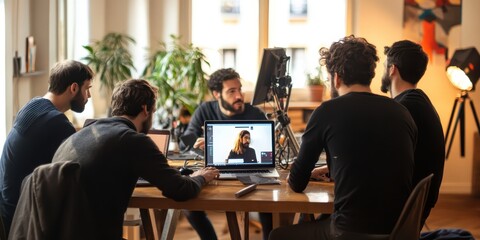 Group of creative professionals working on a laptop at a table