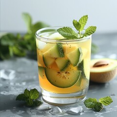 Poster - Refreshing homemade. Detox fruit infused flavored water. Mint Melon detox water in a glass.