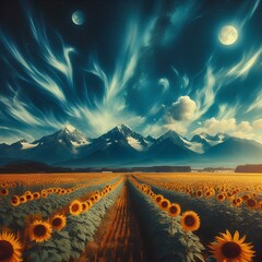Wall Mural - Blue skies and endless fields of sunflowers.