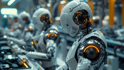 Poster - A futuristic assembly line featuring humanoid robots engaged in precise tasks, showcasing advanced technology and automation in a manufacturing setting.