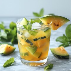 Poster - Refreshing homemade. Detox fruit infused flavored water. Mint Melon detox water in a glass.