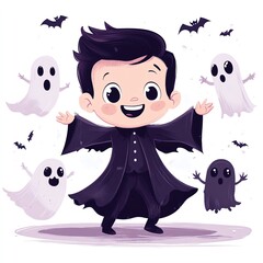 cute vampire dancing to spooky music, with friendly ghosts, cartoonish style, soft lines, pastel tones, fun and lighthearted Halloween scene