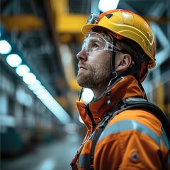 Fototapete - A worker wearing a harness and helmet in an industrial setting, emphasizing the importance of protection and safety in the workplace.
