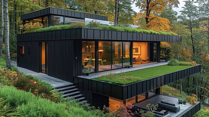 House into the forest, grass on the roof, designed to harmonize with the natural surroundings, wooden, smooth facade material, vegetation.