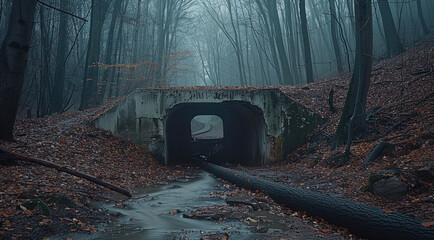Poster - A makeshift walled-up tunnel in a gloomy forest.