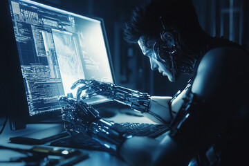 Poster - A futuristic cyborg working at a computer in a dark room