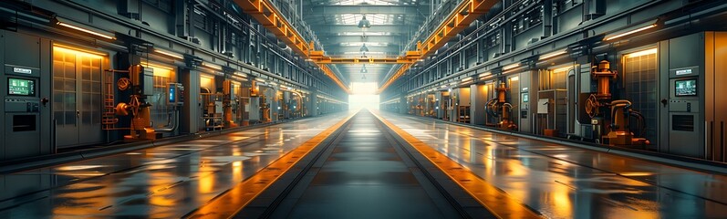 Poster - A futuristic industrial corridor illuminated by bright lights, featuring shiny surfaces and a deep perspective, evoking a sense of mystery and advanced technology.