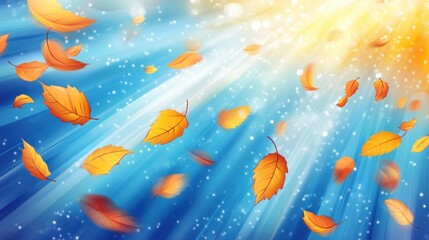 Canvas Print - Abstract autumn background with falling leaves and glowing light rays.
