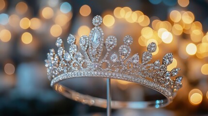 Canvas Print - A sparkling silver tiara adorned with dazzling rhinestones, set against a backdrop of warm, golden bokeh lights.