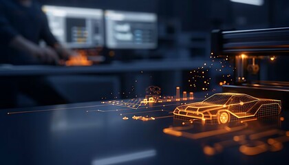 Aufkleber - A digital workspace showcasing a futuristic vehicle design displayed with glowing elements on a desktop, highlighting technology and innovation in automotive design.