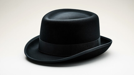 Black bowler hat with rounded crown and curled brim on a plain background, classic fashion accessory in elegant style.