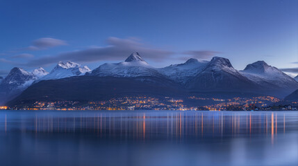 Small village near a mountain lake in the evening
