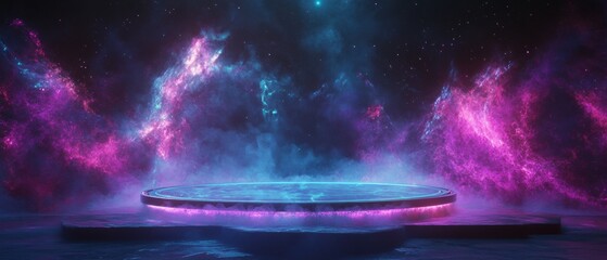 A large, round, blue and purple stage with a lot of smoke and stars