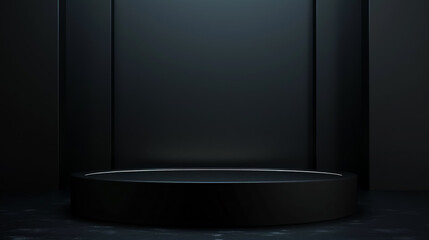 Poster - Pedestal platform with a black stand podium in a dark room background, featuring a blank exhibition or empty product shelf in 3D rendering.