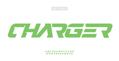 Aufkleber - Speed futuristic font, bold italic cutout letters, dynamic angular alphabet for automotive branding, electric vehicle logo, impactful headline. Clean energy typography. Vector typeset.