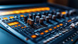 © altitudevisual - Close-up of an audio mixing console with illuminated buttons and knobs in a recording studio setting, emphasizing control and sound engineering