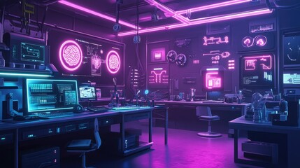 Aufkleber - Brain-computer interface with neon lights in a high-tech lab, depicting advanced mind-machine interface.
