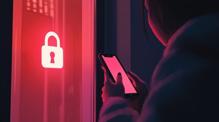 Poster - Cybersecurity concept with a user holding a phone, padlock icon indicating data encryption and privacy.