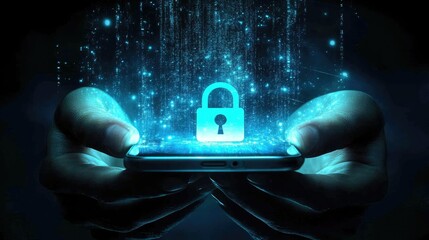 Poster - Cybersecurity concept with a user holding a phone, padlock icon indicating data encryption and privacy.