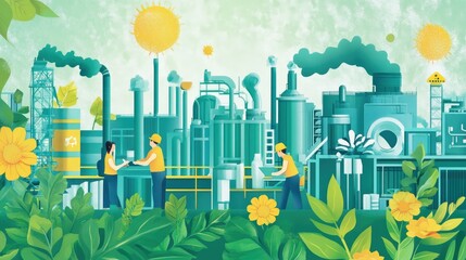 Poster - Factory workers handling sustainable materials, emphasizing reduced emissions and green practices.