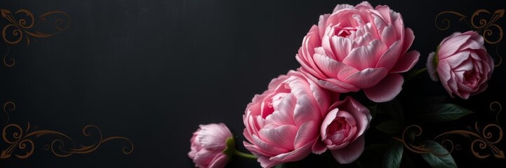 Dark and moody floral banner featuring pink peonies in baroque style with copy space, dark background, moody, copy space