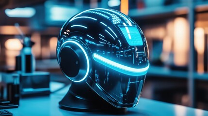 Poster - Futuristic helmet glowing in neon blue, set in a high-tech lab, representing cutting-edge BCI technology.