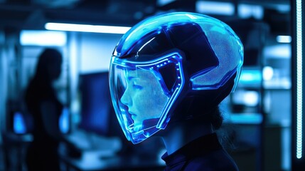 Poster - Futuristic helmet glowing in neon blue, set in a high-tech lab, representing cutting-edge BCI technology.