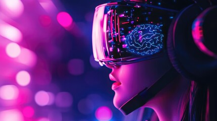 Poster - High-tech lab showcasing neon-lit brain-computer interface helmet, sleek design with a futuristic aura.
