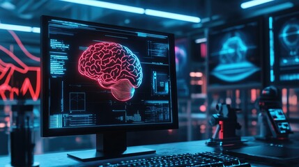 Poster - High-tech lab showcasing neon-lit brain-computer interface helmet, sleek design with a futuristic aura.