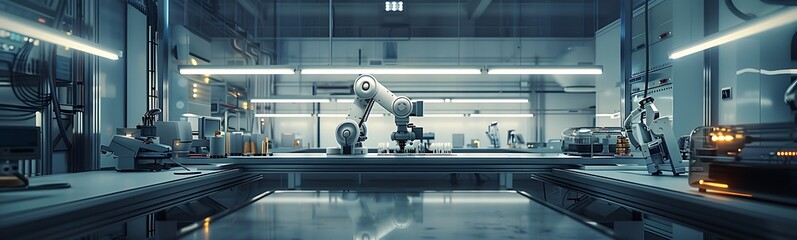 Poster - A futuristic robotics lab featuring advanced robotic arms and machinery, set in a sleek industrial environment.