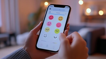 Poster - Mobile screen with customer feedback options, user selecting emoticon to rate satisfaction levels.