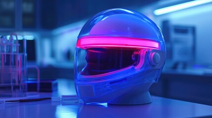 Poster - Neon-lit BCI helmet in a high-tech lab environment, reflecting the future of mind-machine connections.