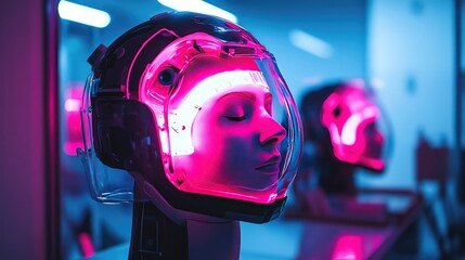 Poster - Neon-lit BCI helmet in a high-tech lab environment, reflecting the future of mind-machine connections.