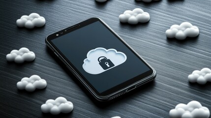 Poster - Phone with lock icon and cloud symbols, emphasizing cybersecurity, data encryption, and secure networks.
