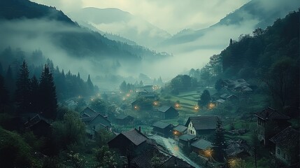 Poster - A dark, misty landscape with distant mountains, a cozy village nestled quietly in the valley with minimal light.