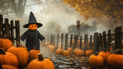 pictureperfect scene of a mistcovered pumpkin patch with a solitary scarecrow adding a touch of myst