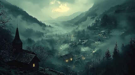 Poster - A dark, misty landscape with distant mountains, a cozy village nestled quietly in the valley with minimal light.