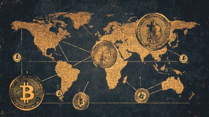 Poster - World map showing cryptocurrency transactions connecting continents, symbolic of digital economy links.