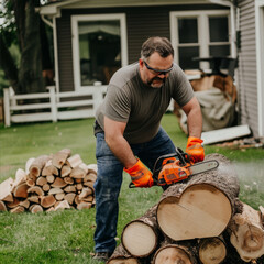 A man cuts wood with a chainsaw
