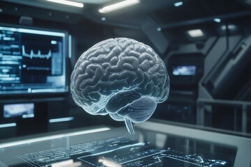 Aufkleber - 3D brain visualization in a futuristic lab setting at night