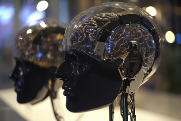 Poster - Futuristic robotic heads displaying neural connections and technology