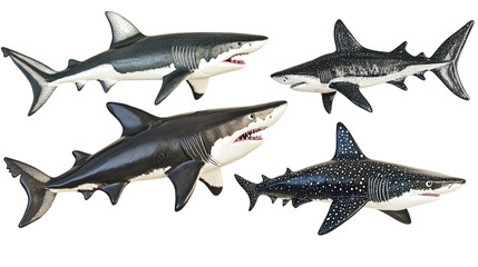 Poster - Four Shark Figurines on Transparent Background Generative AI